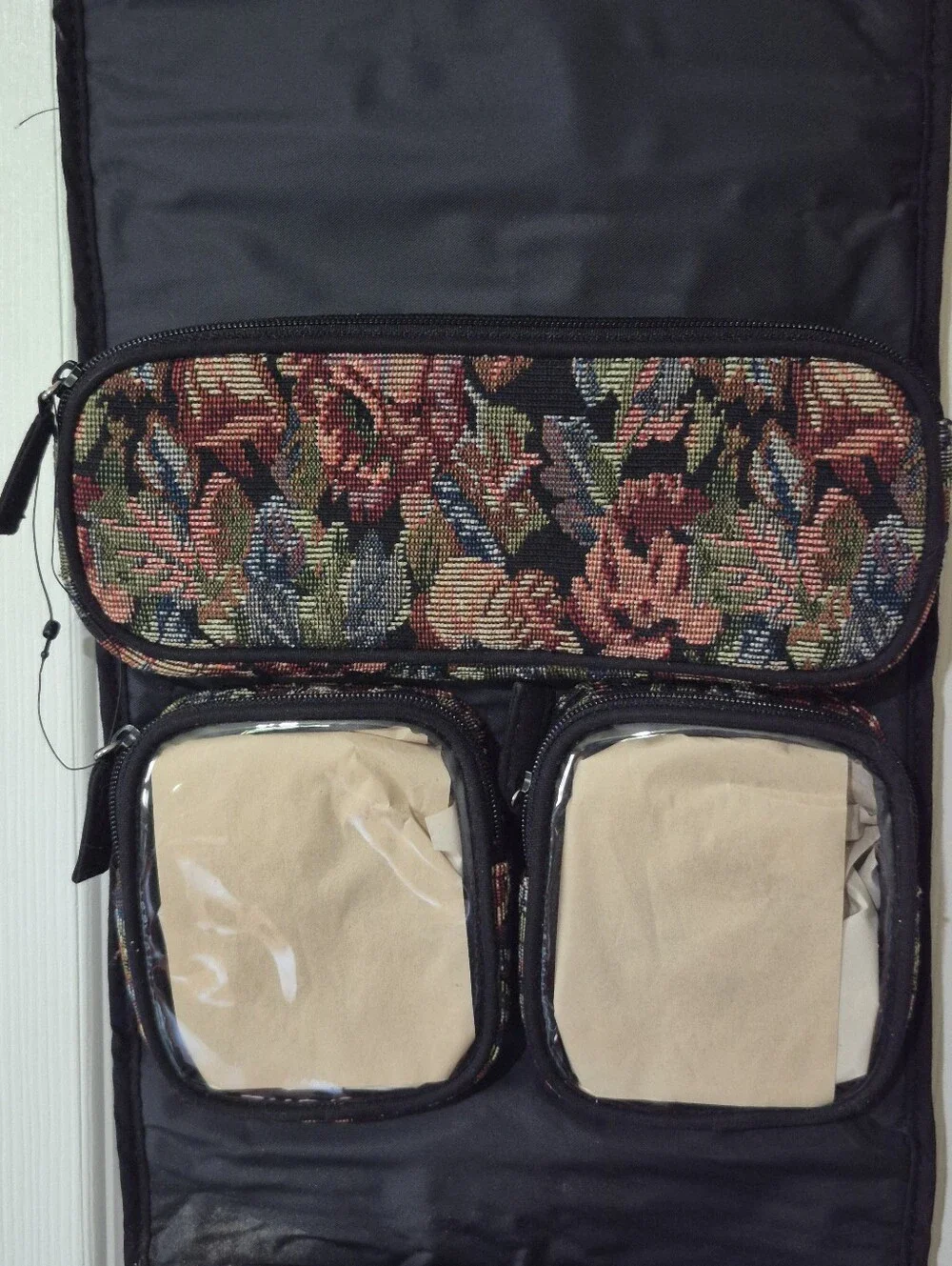 NWTs Vintage black floral tapestry cosmetics and toiletry bag with hanger